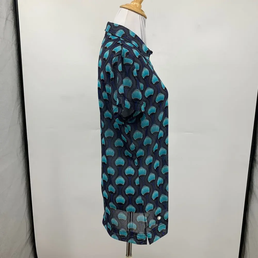 Daily Sports Shirt Women XL Extra Large Peacock Feather Button Placket Mesh Polo